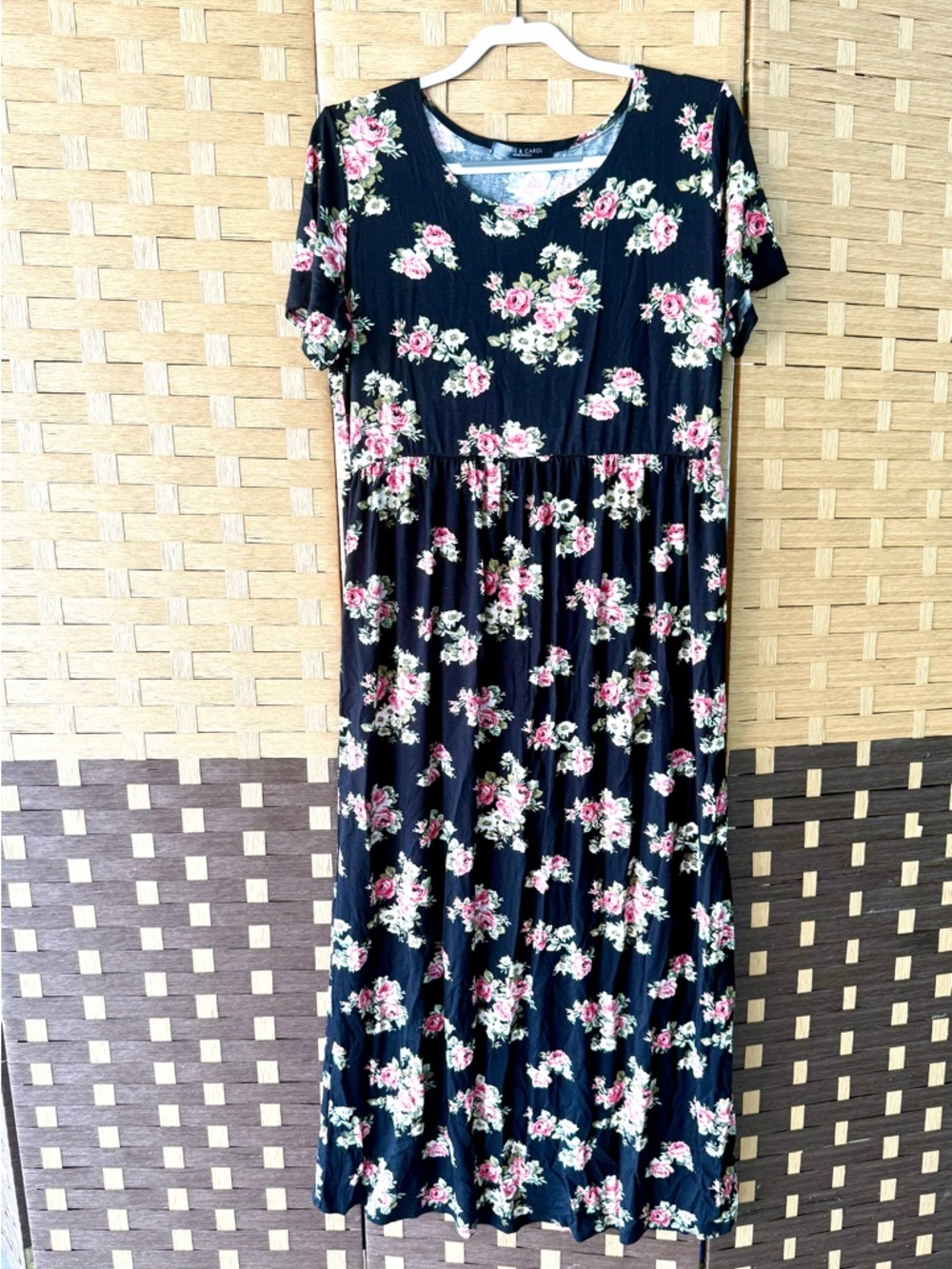 Chris & Carol Black Floral Maxi with Pink Rose Motif